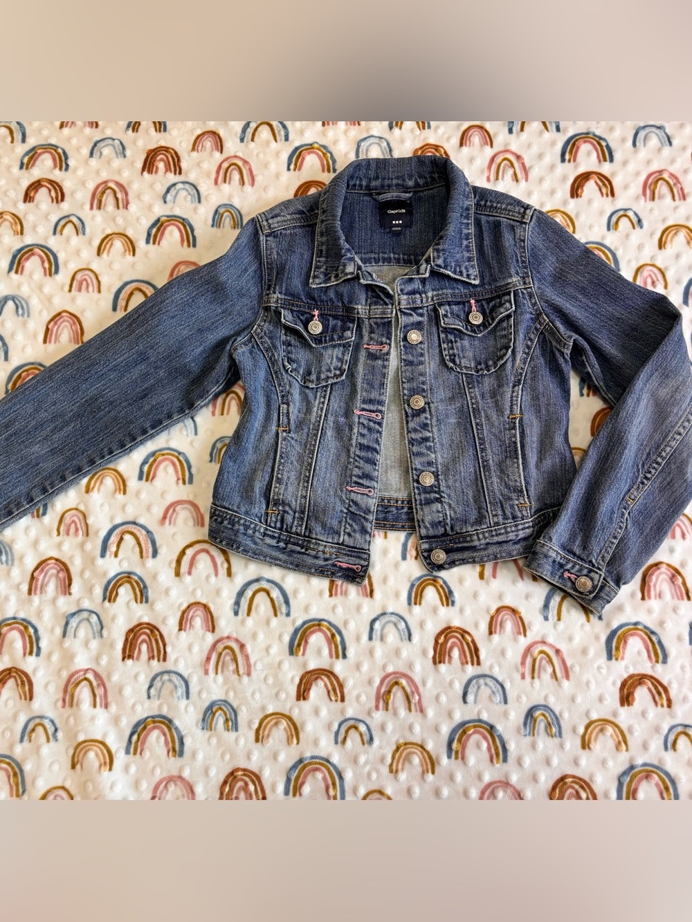 Gap Kids Girls Upcycled Denim Jacket in Blue with Pink Accents